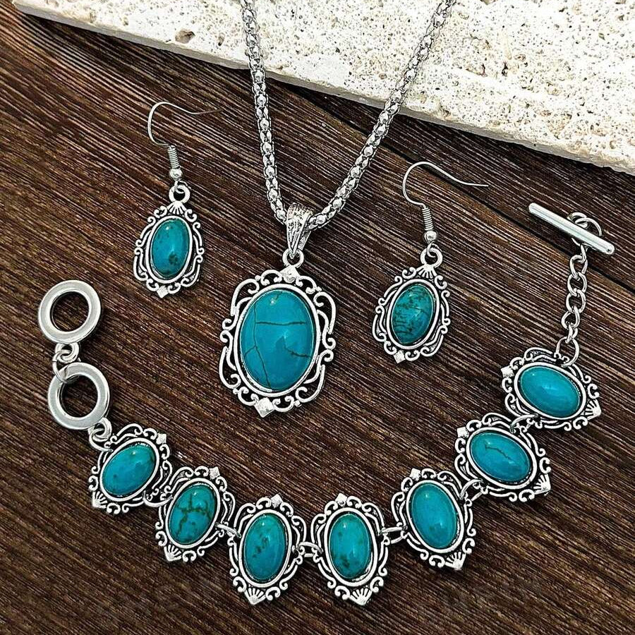 CONJUNTO VINTAGE BOHEMIO TURQUESA FLORAL GÉOMÉTRIQUE MOTIVO JOYAS