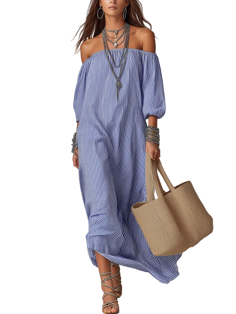 Blue And White Striped Off-the-shoulder Loose-fitting Resort Dress