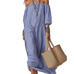 Blue And White Striped Off-the-shoulder Loose-fitting Resort Dress