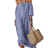 Blue And White Striped Off-the-shoulder Loose-fitting Resort Dress
