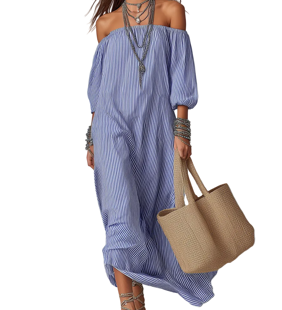 Blue And White Striped Off-the-shoulder Loose-fitting Resort Dress