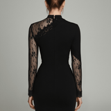 VESTIDO MINI NEGRO DE ENCAJE CON CUELLO ALTO - VALERINA MARBELLA