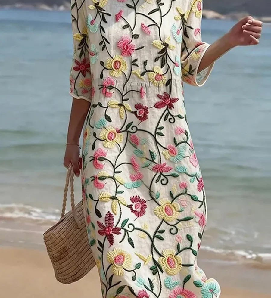 VESTIDO DE MEZCLA DE LINO CON ESTAMPADO FLORAL - VALERINA MARBELLA