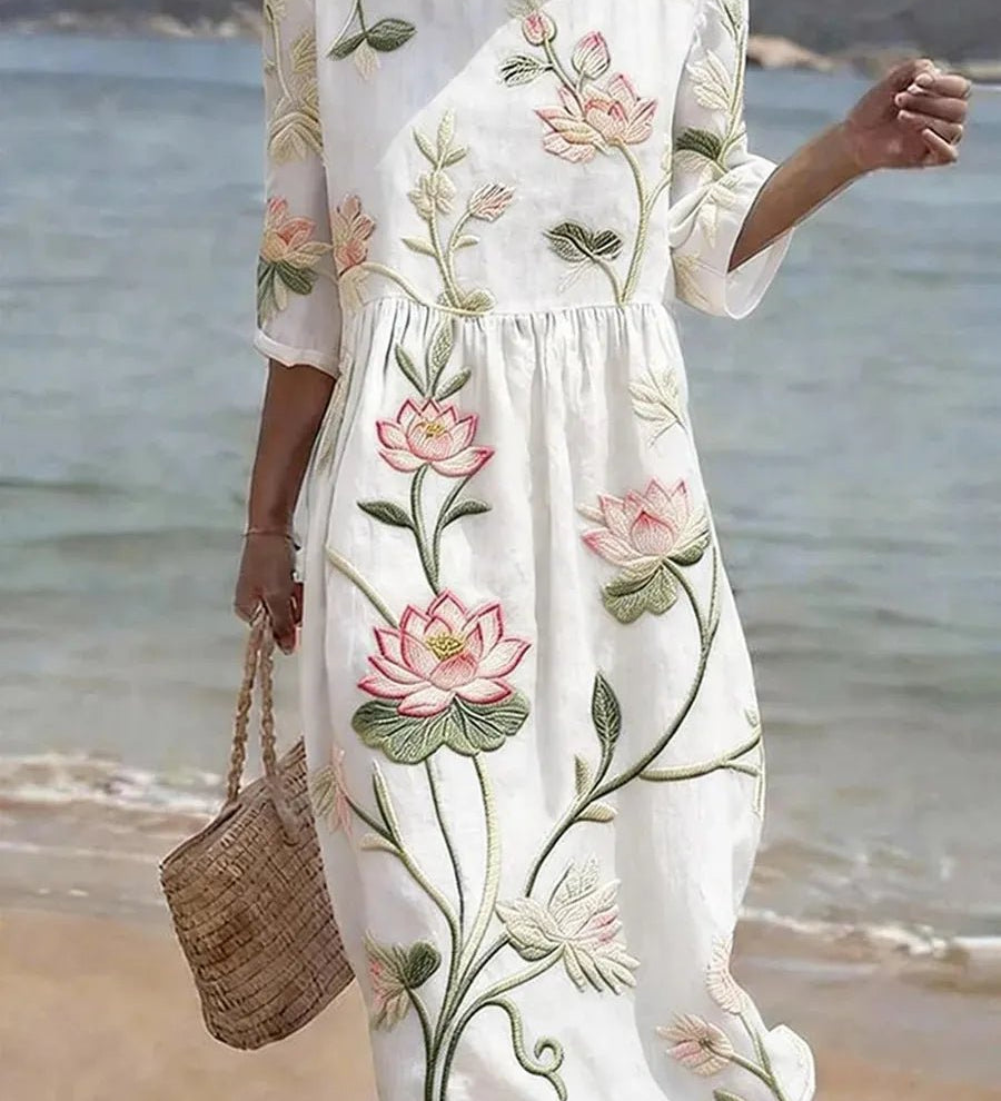VESTIDO FLUIDO CON ESTAMPADO DE FLORES Y PLANTAS - VALERINA MARBELLA