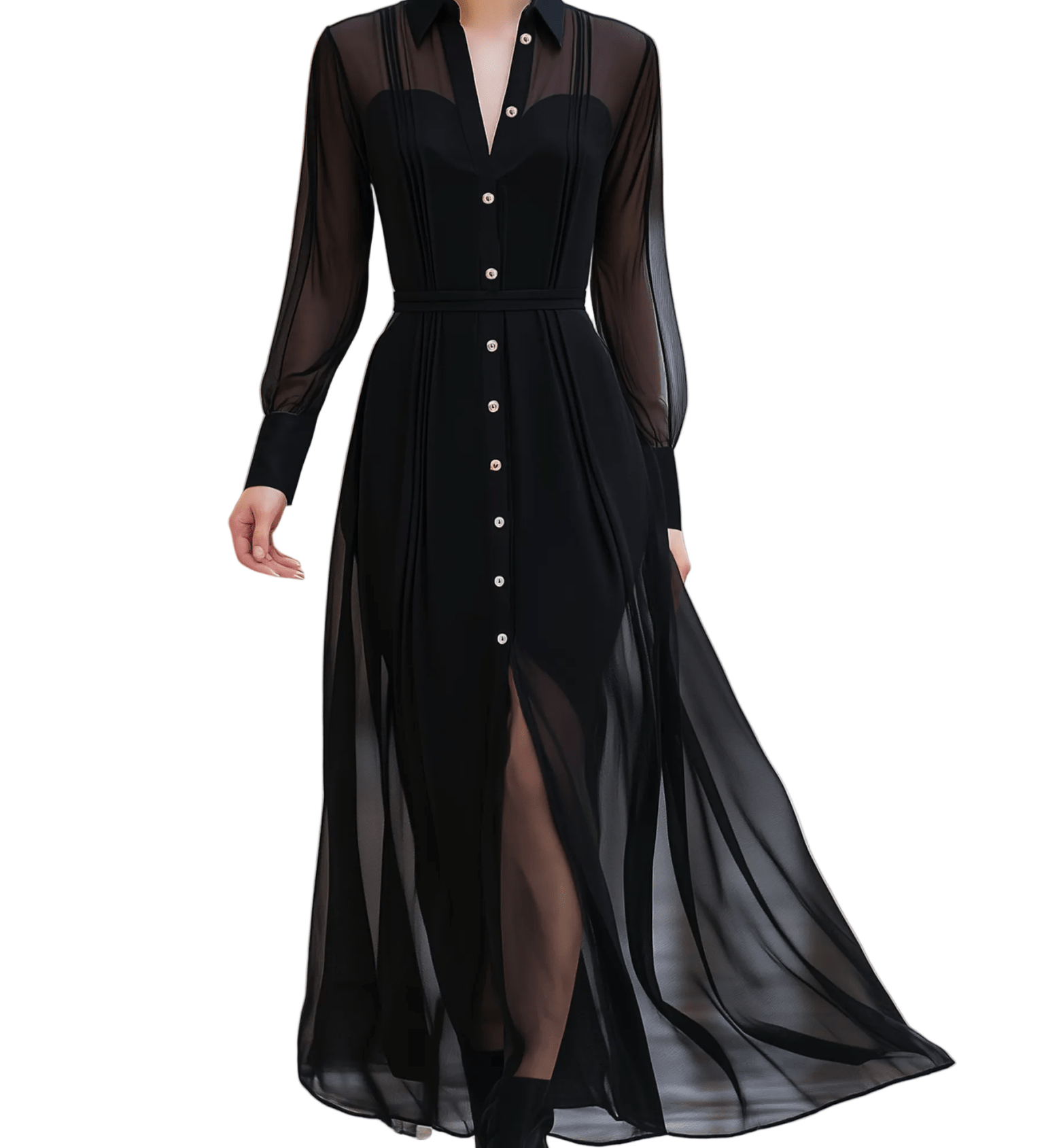 VESTIDO LARGO CAMISERO NEGRO CON TRANSPARENCIAS Y BOTONES DORADOS - VALERINA MARBELLA