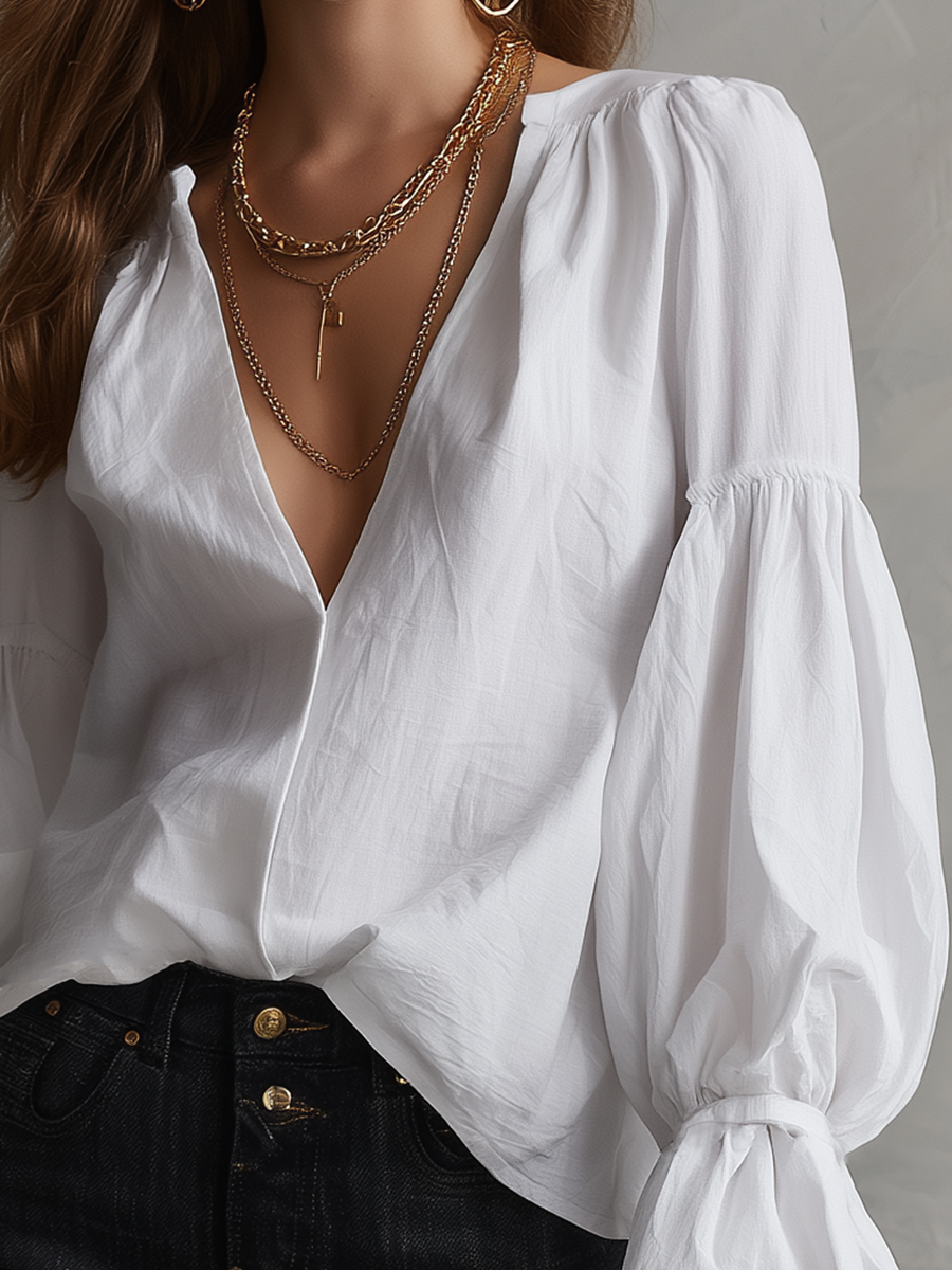 Romantic White Deep V-Neck Flare Sleeve Blouse