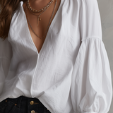 Romantic White Deep V-Neck Flare Sleeve Blouse