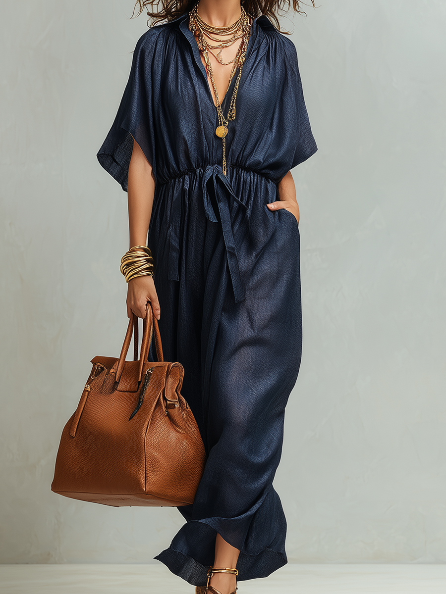 Sophisticated Navy Denim Drawstring Waist Maxi Dress
