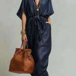 Sophisticated Navy Denim Drawstring Waist Maxi Dress