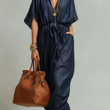 Sophisticated Navy Denim Drawstring Waist Maxi Dress