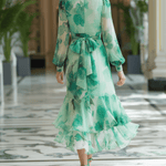 VESTIDO MIDI DE GASA VERDE MENTA FLORAL ACUARELA - VALERINA MARBELLA