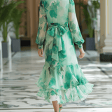 VESTIDO MIDI DE GASA VERDE MENTA FLORAL ACUARELA - VALERINA MARBELLA