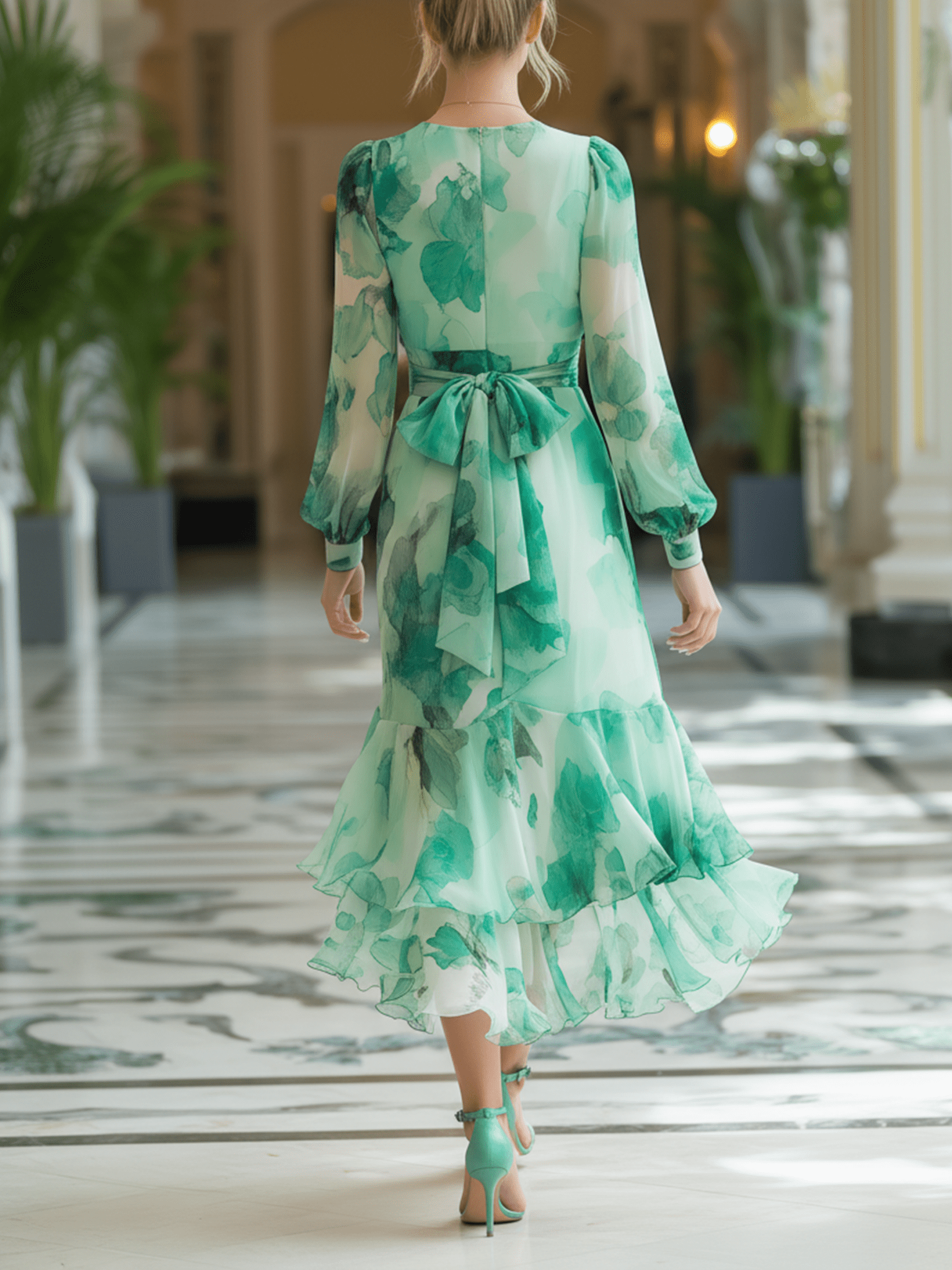 VESTIDO MIDI DE GASA VERDE MENTA FLORAL ACUARELA - VALERINA MARBELLA