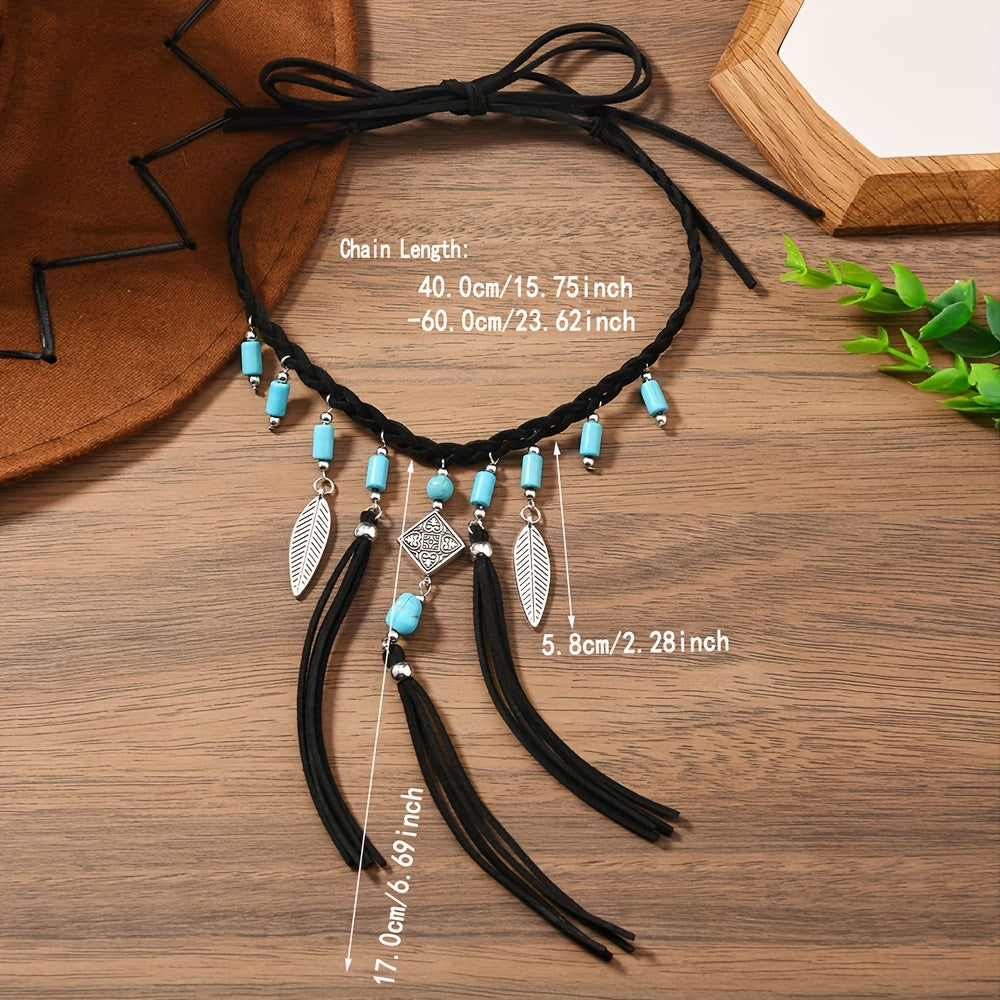 COLLAR BOHEMIO TURQUESA PERLES PLATA PLUMA POMPON