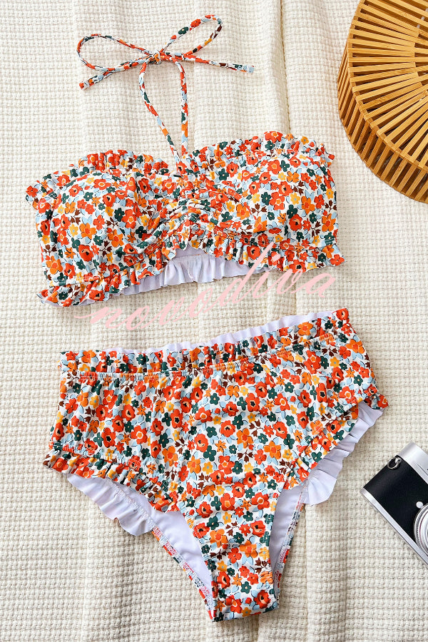 Floral Print Ruffled High-waisted Two-piece Stretch Bikini Swimsuit