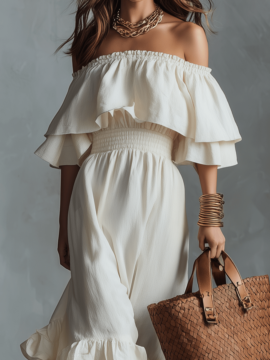 VESTIDO MIDI ELEGANTE CON HOMBROS DESCUBIERTOS - VALERINA MARBELLA