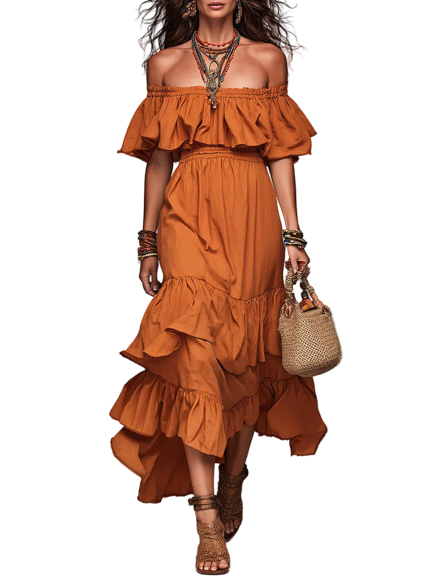 Bohemian Off-the-shoulder Cotton Maxi Dress With Ruffles