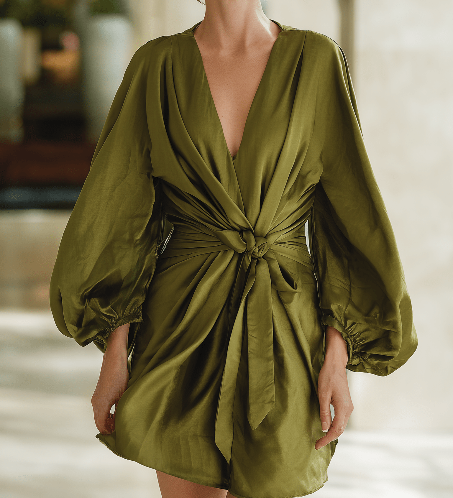 VESTIDO MINI DE SATÉN VERDE OLIVA CON ESCOTE EN V - VALERINA MARBELLA