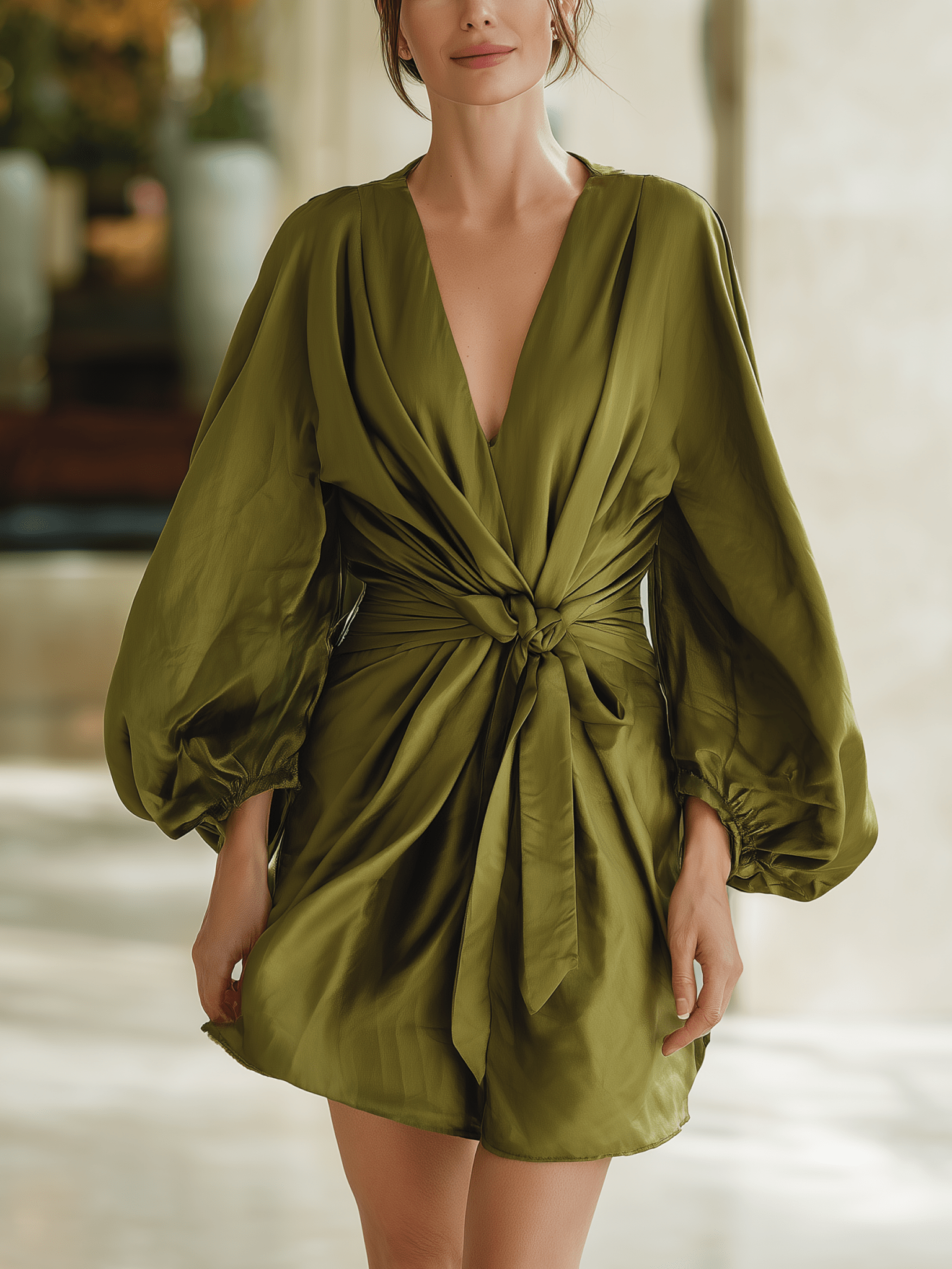 VESTIDO MINI DE SATÉN VERDE OLIVA CON ESCOTE EN V - VALERINA MARBELLA