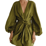 VESTIDO MINI DE SATÉN VERDE OLIVA CON ESCOTE EN V - VALERINA MARBELLA