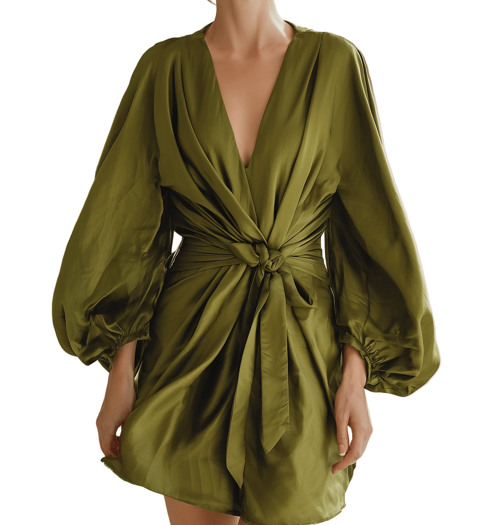 VESTIDO MINI DE SATÉN VERDE OLIVA CON ESCOTE EN V - VALERINA MARBELLA