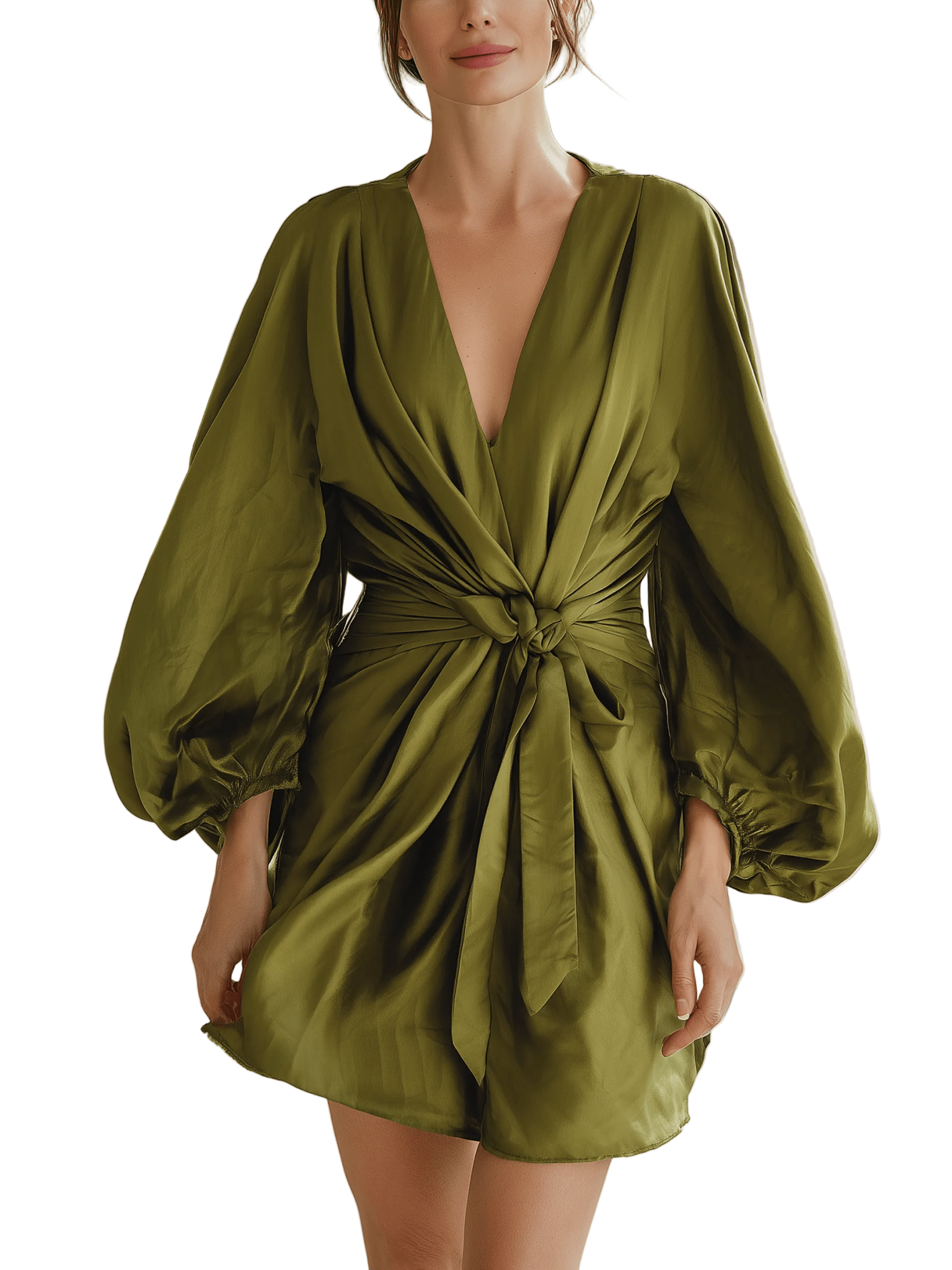 VESTIDO MINI DE SATÉN VERDE OLIVA CON ESCOTE EN V - VALERINA MARBELLA