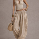 Bohemian Cotton-Linen Halter Smocked Crop Top & Harem Pants Two-Piece Set