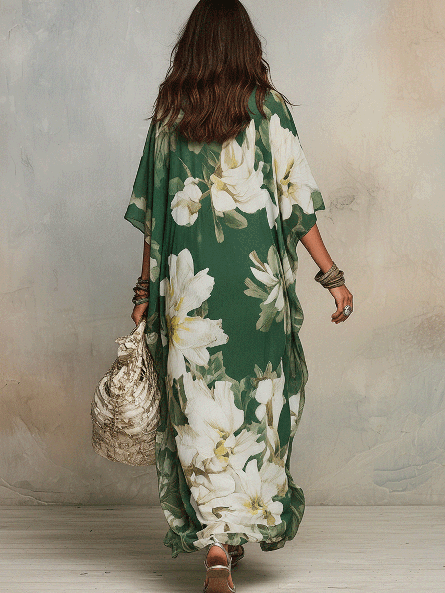 Emerald Bloom Flowing Bohemian Maxi Dress