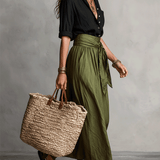 Effortless Boho Black Blouse & Olive Satin Midi Skirt Set
