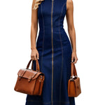 【24-hour shipping out】Casual Loose Fit Crew Neck Front Zipper Dark Blue Denim Maxi Dress