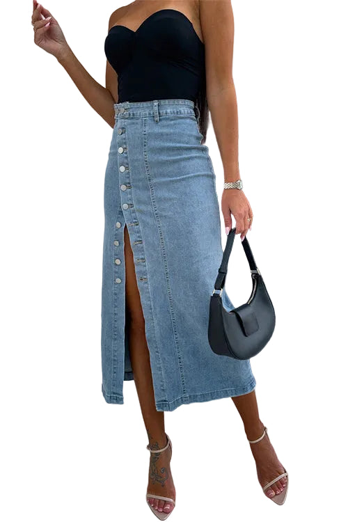 Margovil Button Down Slit Midi Denim Skirt