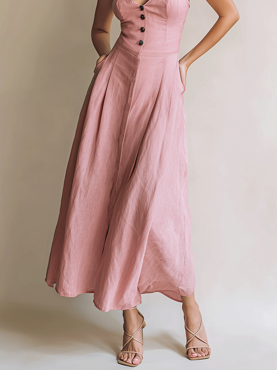VESTIDO MAXI DE LINO EN TONO BLUSH CON BOTONES - VALERINA MARBELLA