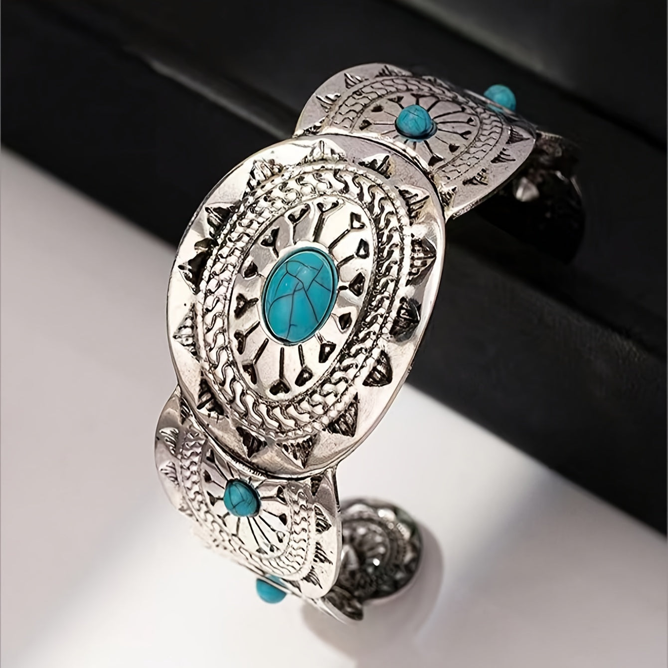 PULSERA VINTAGE ESTAMPILLÉ TURQUESA PLATA PLAQUÉ MANCHETTE