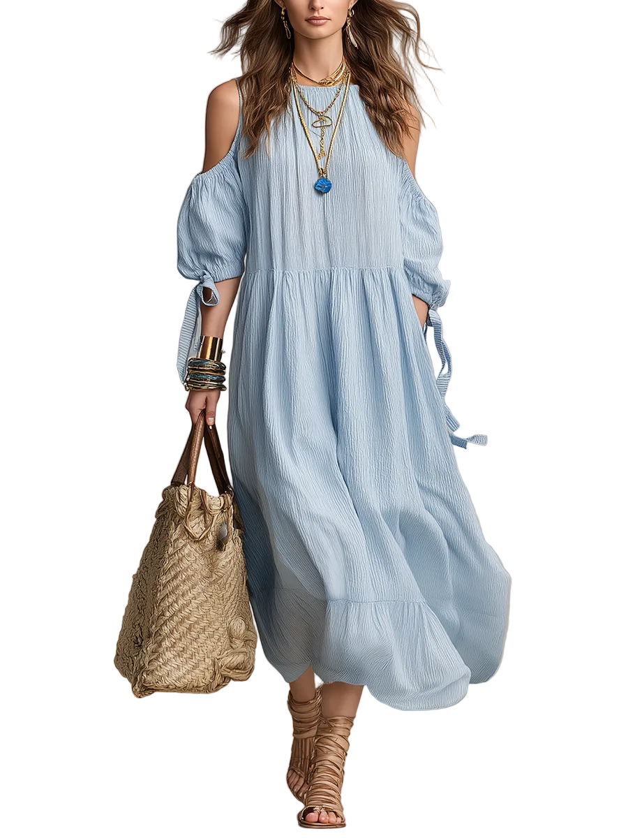 Airy Cold-Shoulder Textured Midi Dress