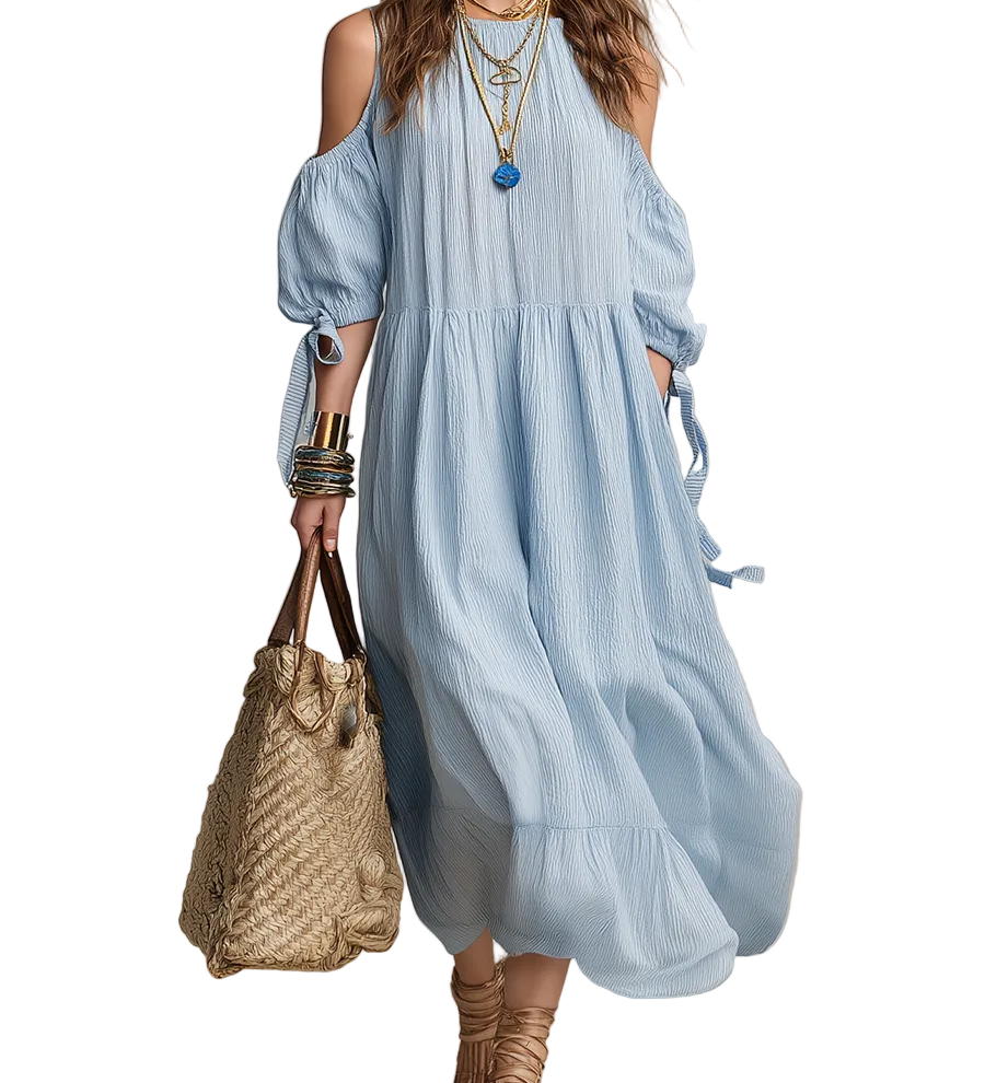 Airy Cold-Shoulder Textured Midi Dress