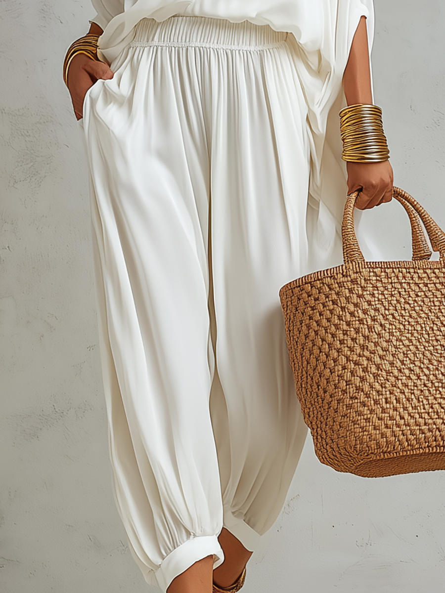 Ethereal White Off-the-Shoulder Batwing Sleeve Wide-Leg Trouser Co-ord Set