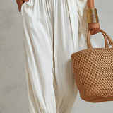 Ethereal White Off-the-Shoulder Batwing Sleeve Wide-Leg Trouser Co-ord Set