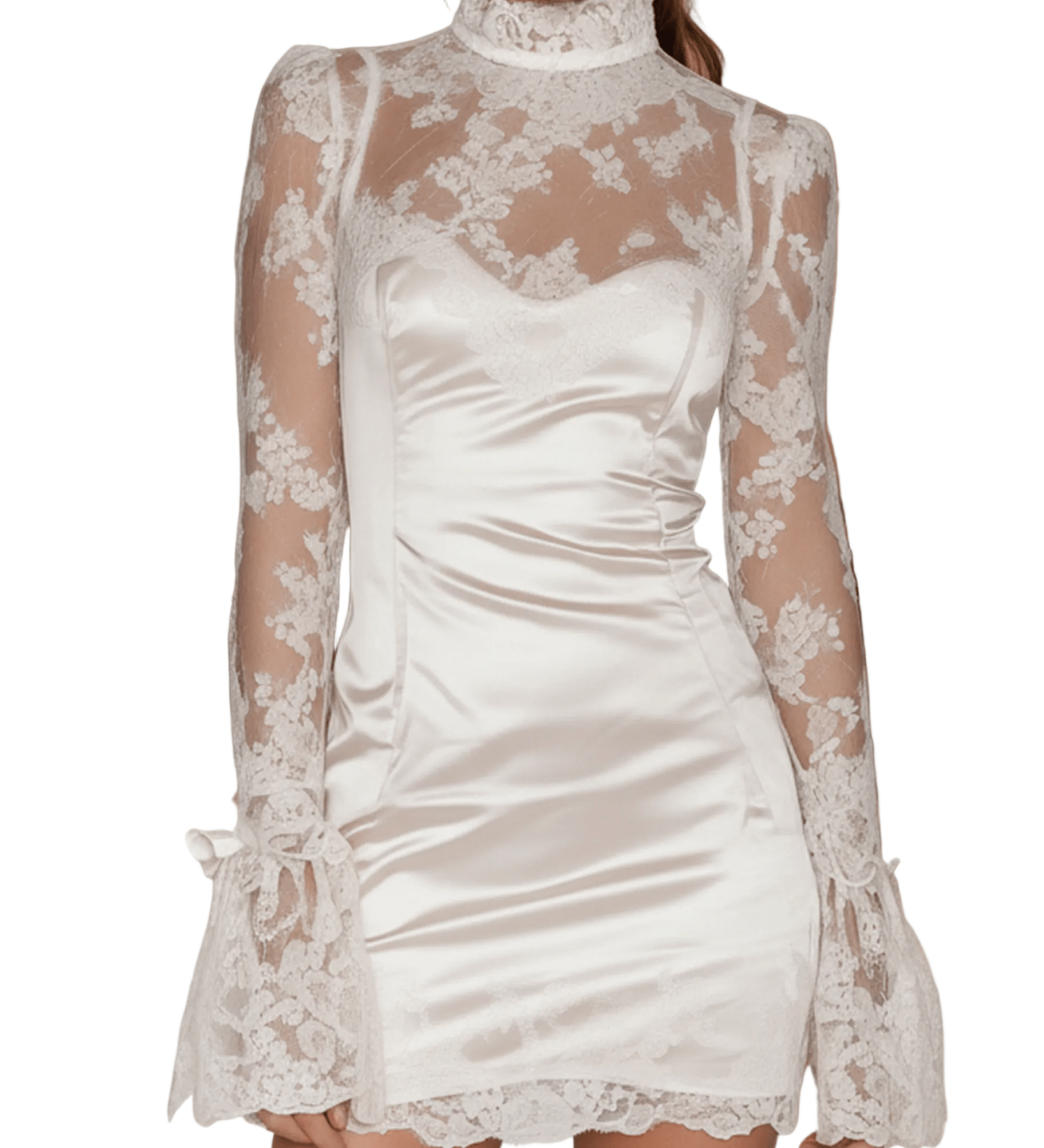 VESTIDO CORTO BLANCO DE SATÉN Y ENCAJE CON MANGA LARGA - VALERINA MARBELLA