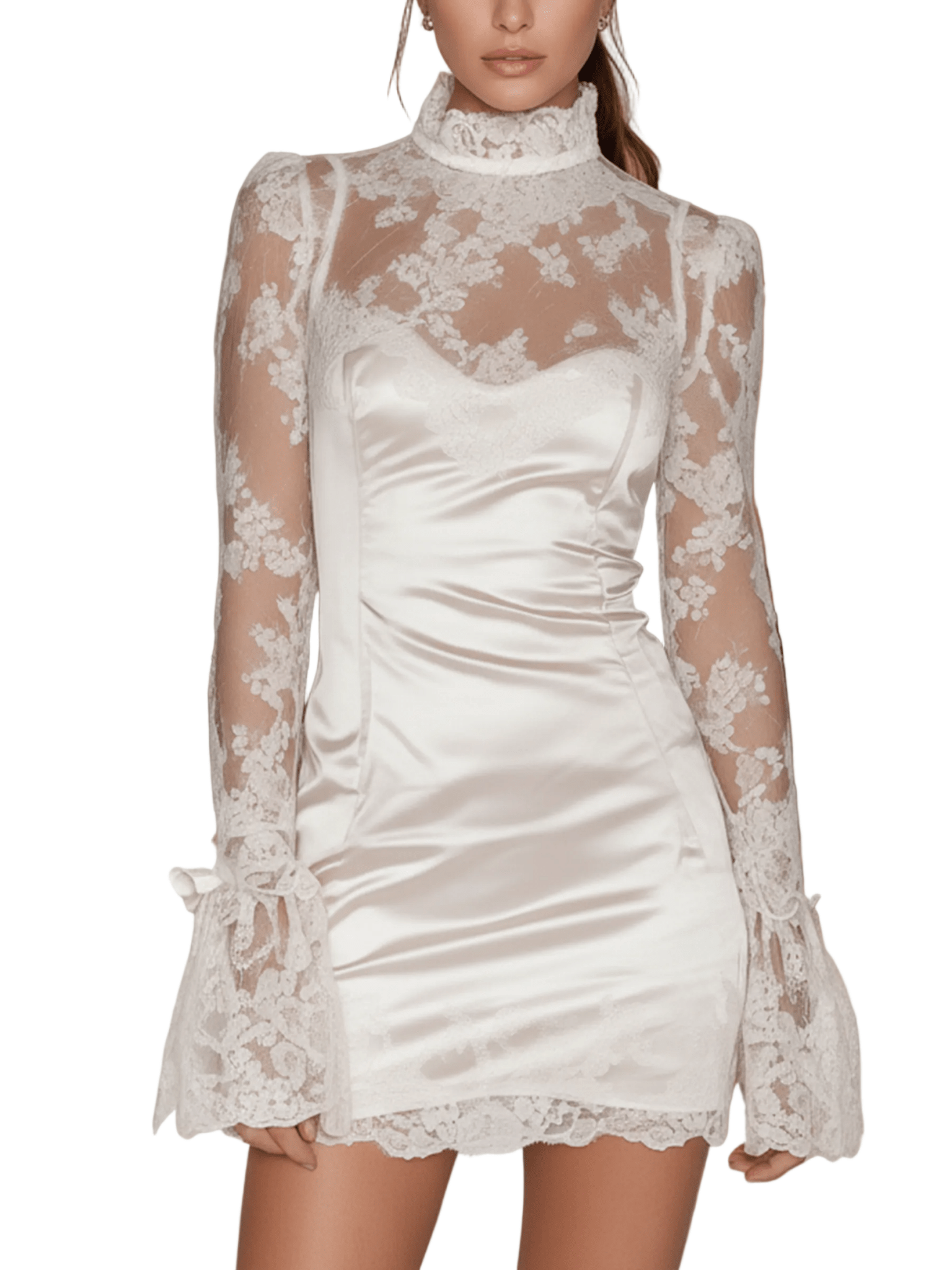 VESTIDO CORTO BLANCO DE SATÉN Y ENCAJE CON MANGA LARGA - VALERINA MARBELLA