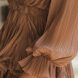 VESTIDO MINI DE GASA ARRUGADA COLOR MOCHA CON VOLANTES - VALERINA MARBELLA