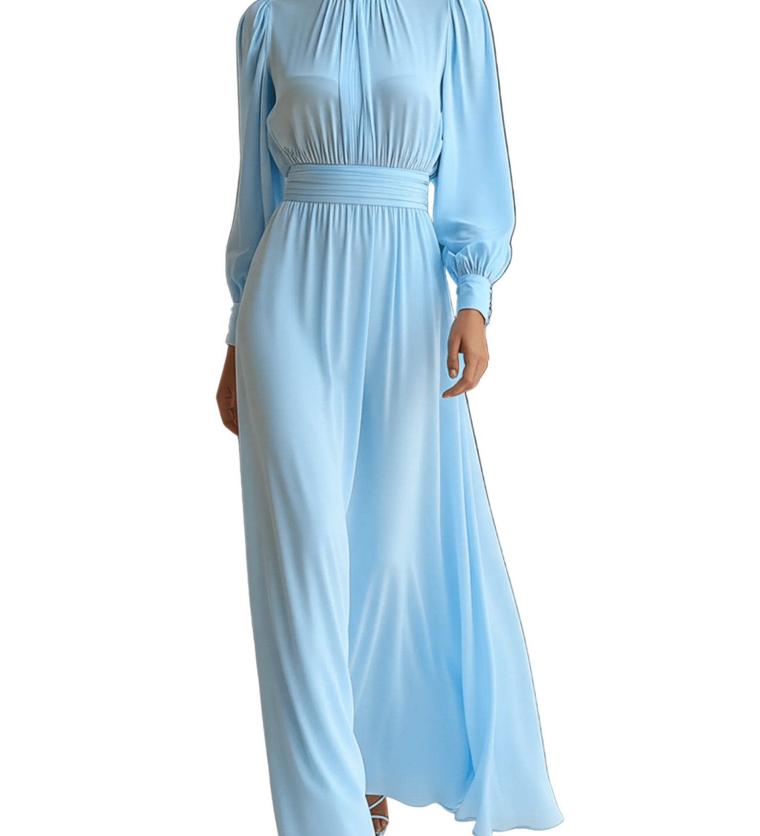 VESTIDO LARGO AZUL CIELO PLISADO CON CUELLO ALTO Y CINTURA FRUNCIDA - VALERINA MARBELLA