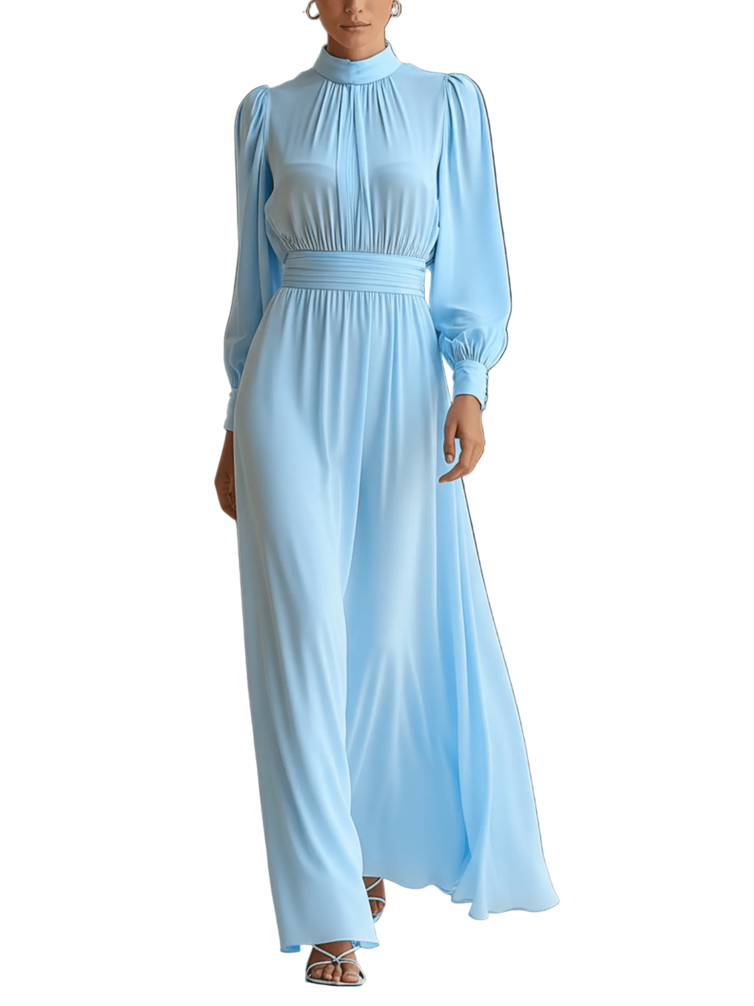 VESTIDO LARGO AZUL CIELO PLISADO CON CUELLO ALTO Y CINTURA FRUNCIDA - VALERINA MARBELLA
