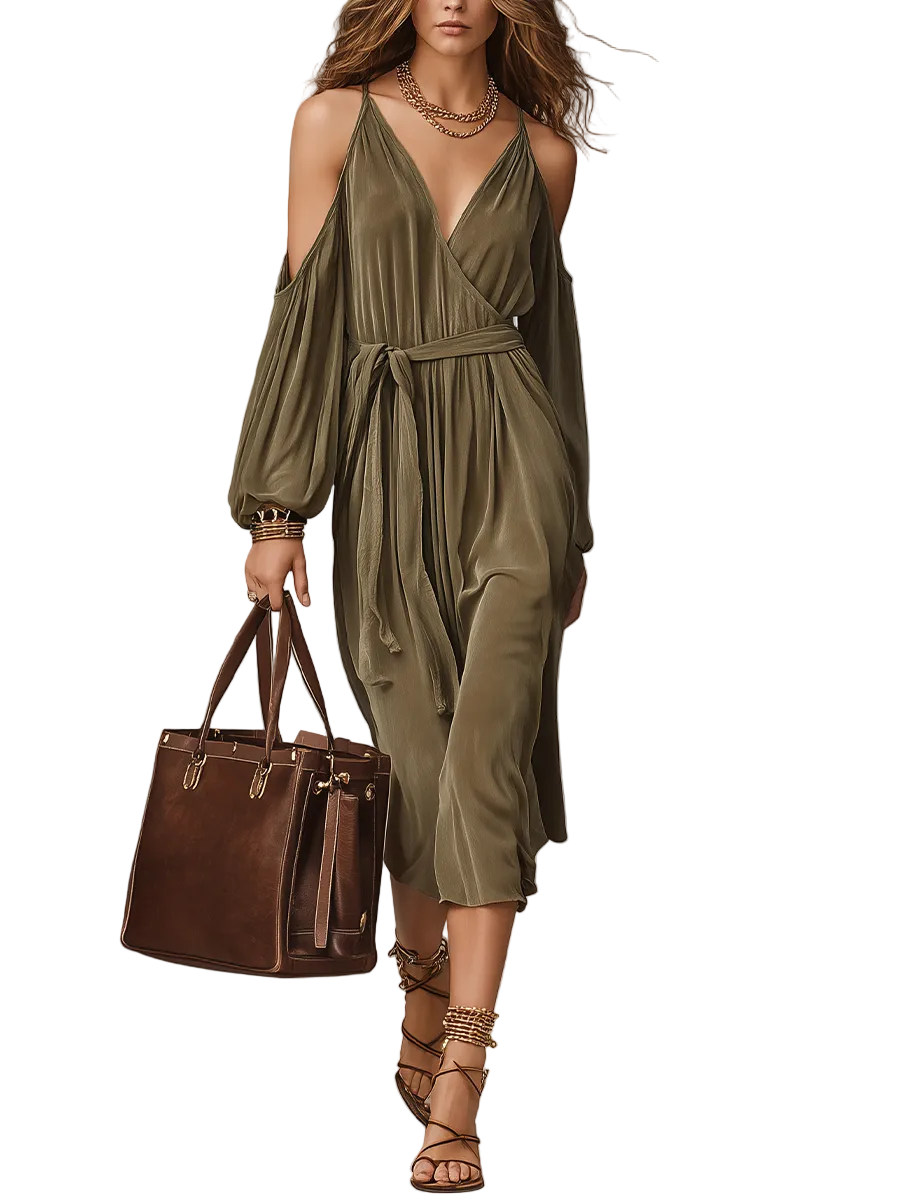 Bohemian Cold-Shoulder Satin Midi Dress