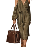 Bohemian Cold-Shoulder Satin Midi Dress