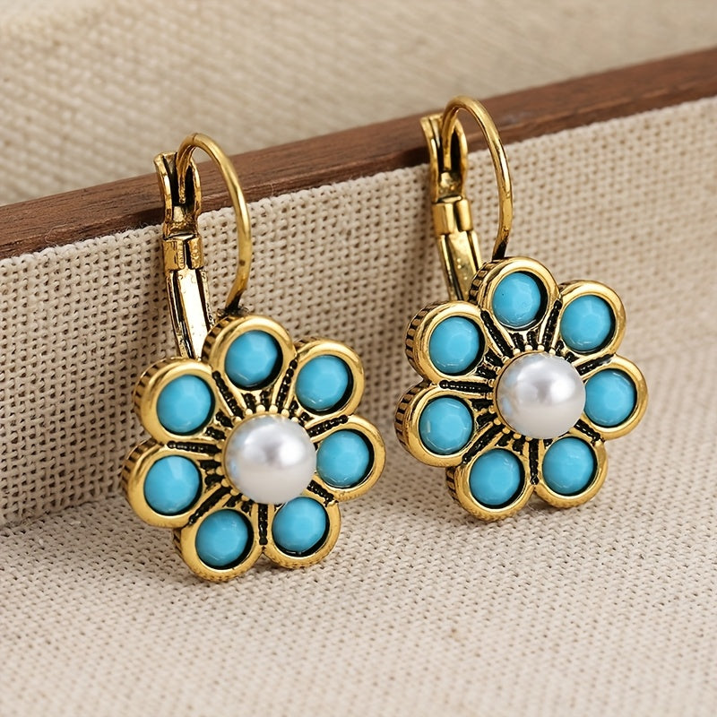 PENDIENTES VINTAGE STYLE TURQUESA Y PERLES FLOR