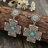 PENDIENTES RÉTRO FLORAL DESIGN TURQUESA CRUZ SCULPTÉ MÉTAL