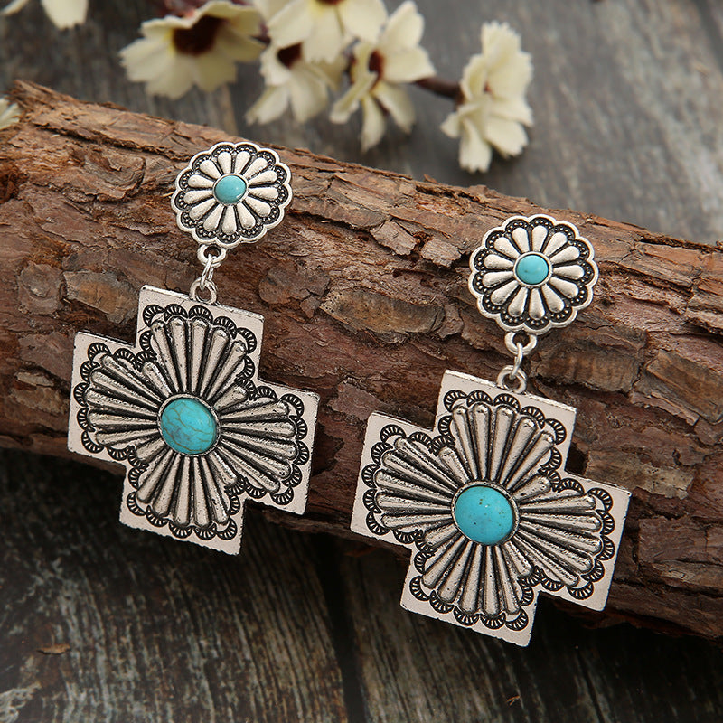 PENDIENTES RÉTRO FLORAL DESIGN TURQUESA CRUZ SCULPTÉ MÉTAL