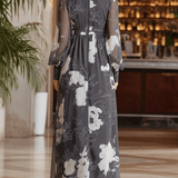 VESTIDO LARGO DE GASA FLORAL EN GRIS Y BLANCO - VALERINA MARBELLA