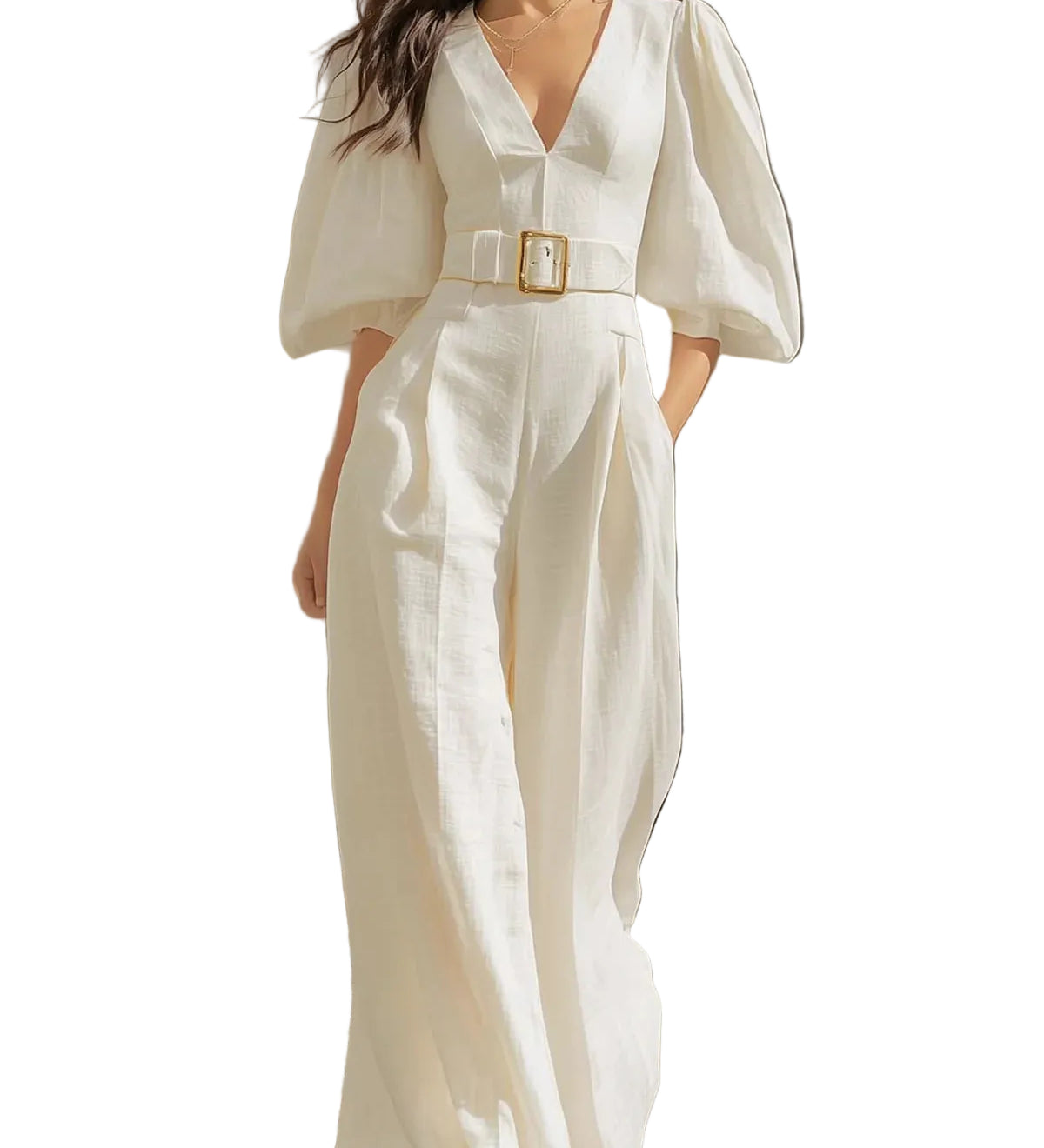 White V-neck lantern sleeve wide-leg jumpsuit（Includes belt）