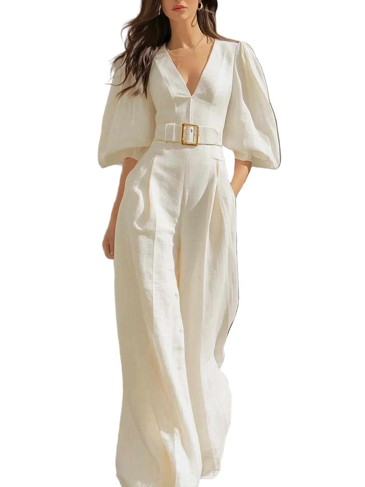 White V-neck lantern sleeve wide-leg jumpsuit（Includes belt）